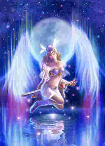 Ange guerrière déploie ses ailes en pleine lune